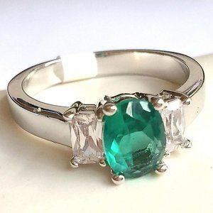 Silver Emerald Cocktail Ring Size 10 Green Cubic Zirconia Simulated Plated